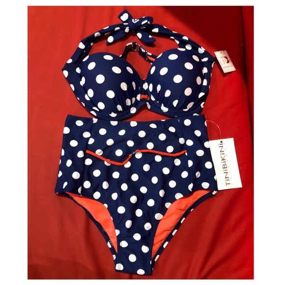 TiniBikini Other - Navy polka dot pin up style high waist bikini